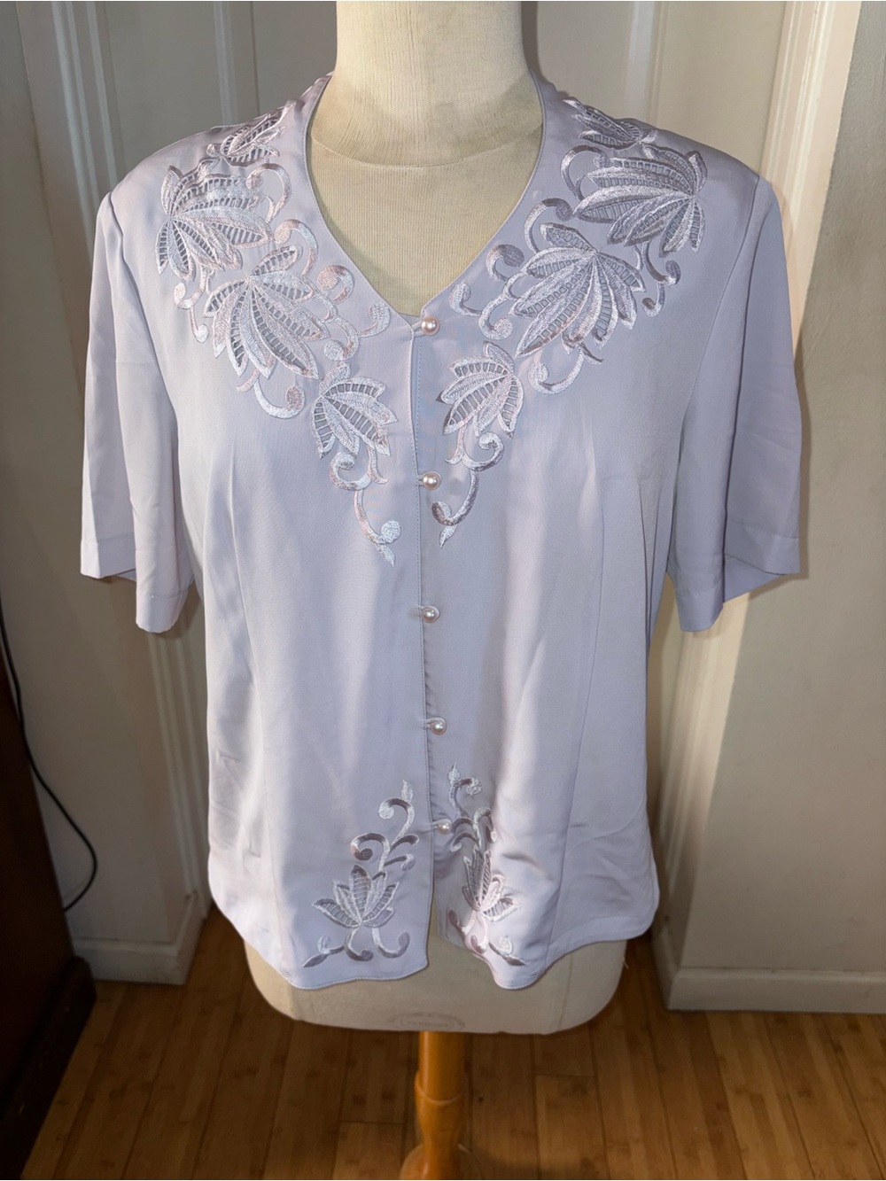 kathy Che Embroidered V-Neck Short Sleeve Top - Light Lavender